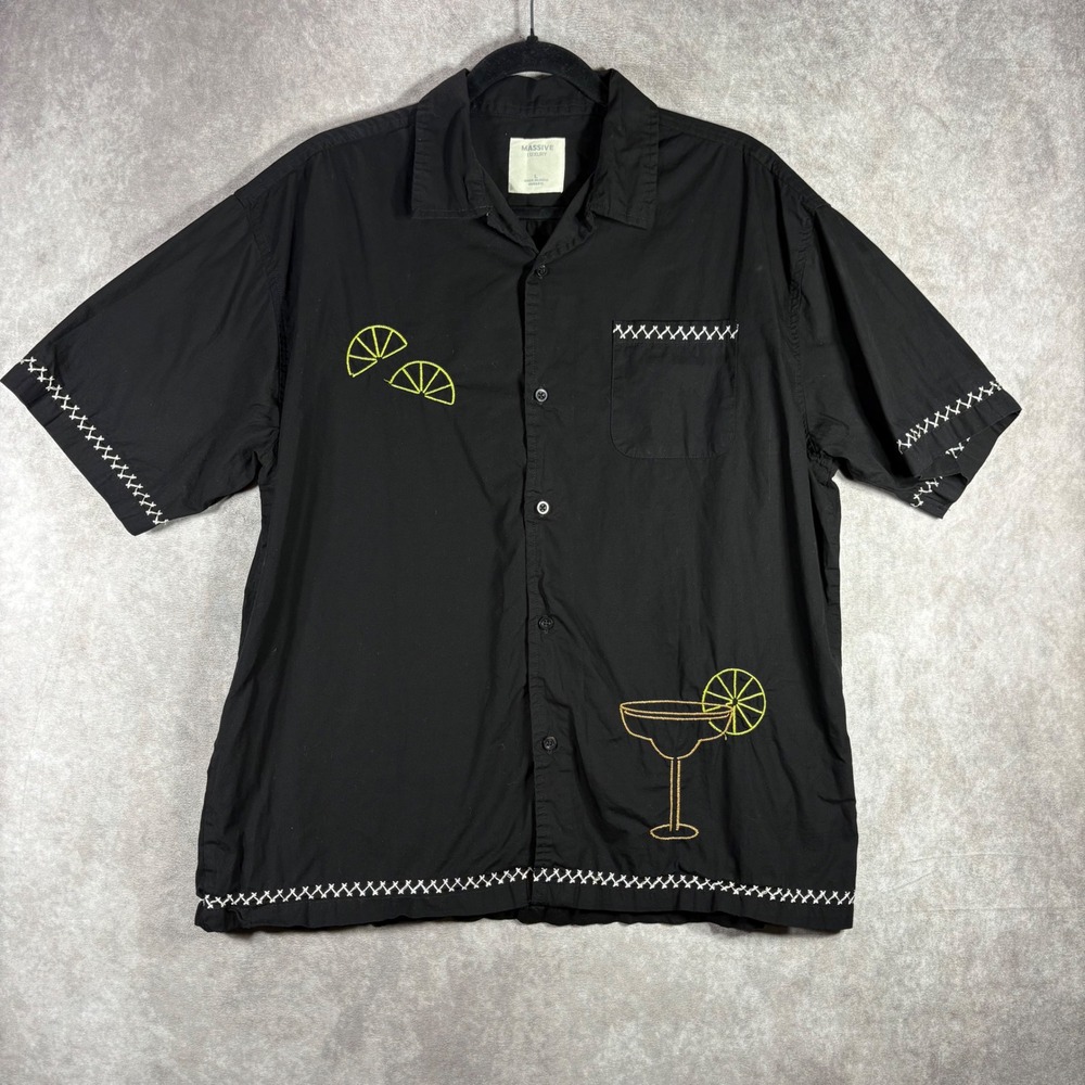 Massive Luxury Button Up Shirt Mens L Black Margarita Cocktail Embroidered Party